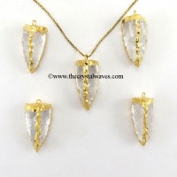 Crystal Quartz 3 Side Handknapped Tooth  Gold Electroplated Pendant